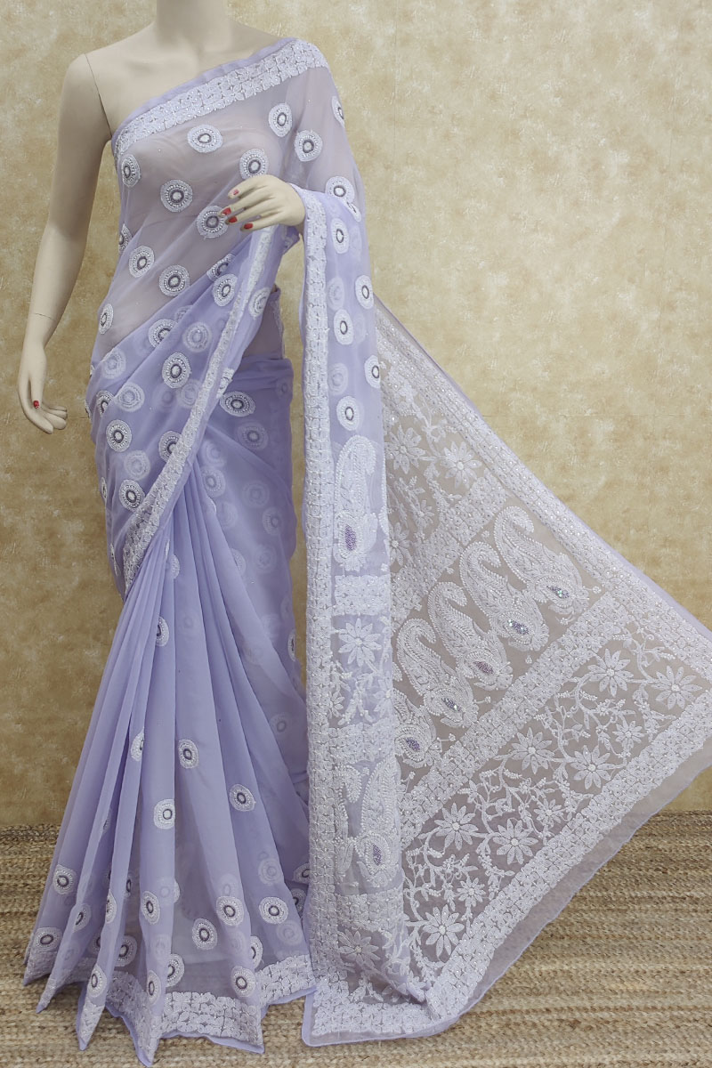 Lavender Colour  Hand Embroidered Lucknowi Chikankari Saree ( With Blouse - Georgette ) MC251724